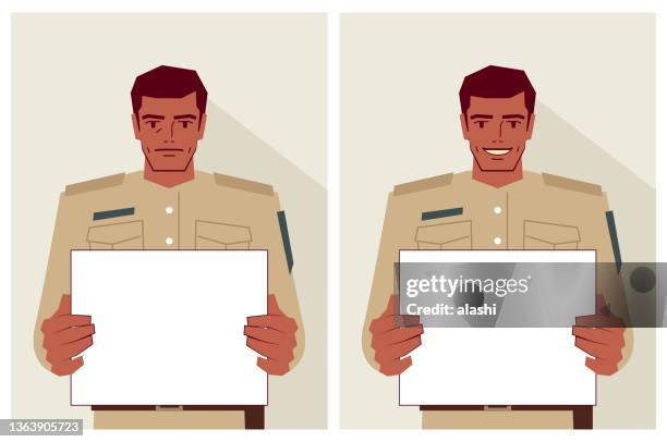 a police officer holds a blank sign with two different emotions - black market stock illustrations