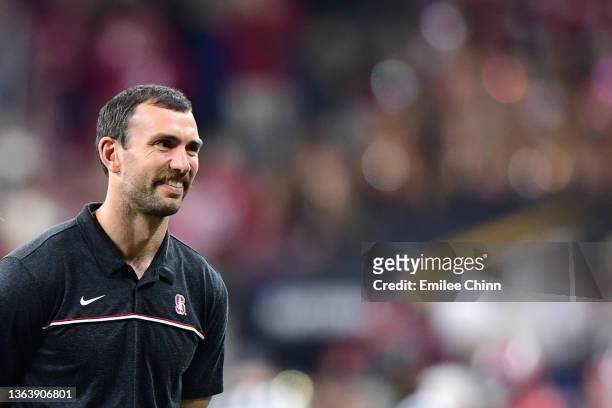 Former Indianapolis Colts player Andrew Luck is seen during the 2022 CFP National Championship Game between the Alabama Crimson Tide and Georgia...