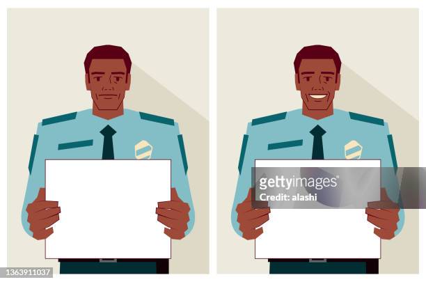 a police officer holds a blank sign with two different emotions - black market stock illustrations