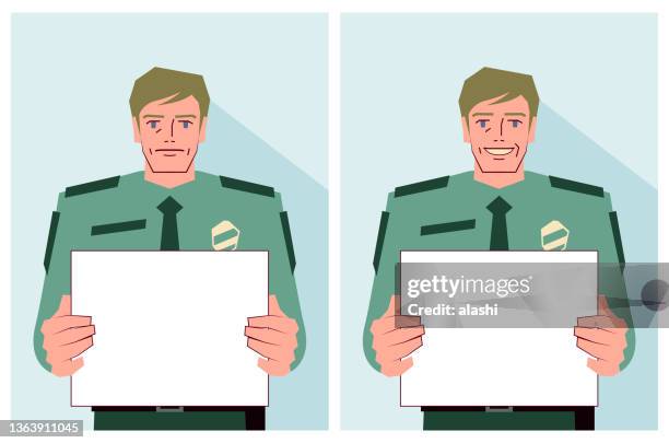 ilustraciones, imágenes clip art, dibujos animados e iconos de stock de un oficial de policía sostiene un letrero en blanco con dos emociones diferentes - caucasian appearance
