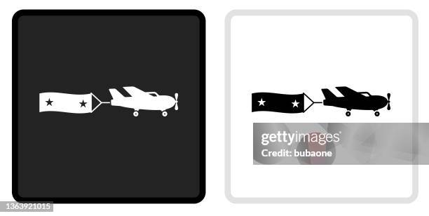 stockillustraties, clipart, cartoons en iconen met airplane & banner icon on  black button with white rollover - airplane with banner