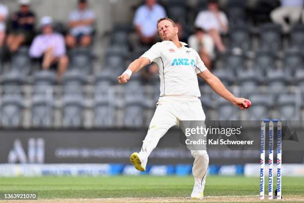 Neil Wagner of New Zealand bowls during day three of the Second Test match in the series between New Zealand and Bangladesh at Hagley Oval on January...