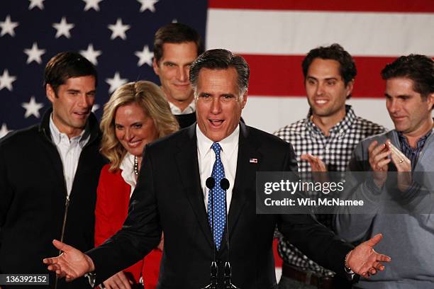 Republican presidential candidate, former Massachusetts Gov. Mitt Romney, speaks as his wife Ann Romney and their sons Josh, Matt, Craig and Tagg...