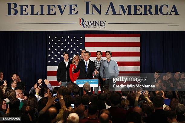 Republican presidential candidate, former Massachusetts Gov. Mitt Romney, speaks as his wife Ann Romney and their sons Josh, Matt, Craig and Tagg...