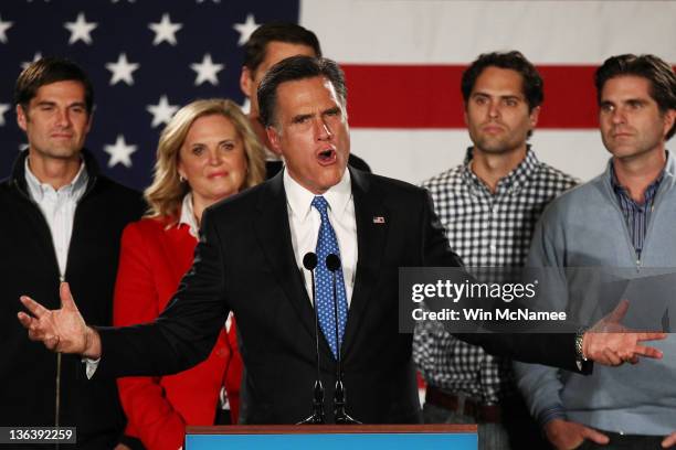 Republican presidential candidate, former Massachusetts Gov. Mitt Romney, speaks as his wife Ann Romney and their sons Josh, Matt, Craig and Tagg...