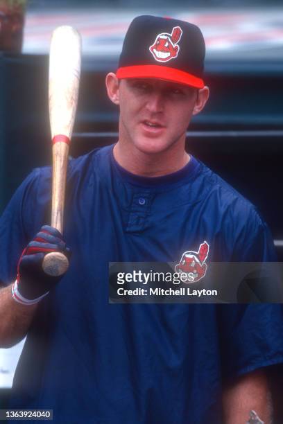 Jim Thome of the Cleveland Indians looks on during batting practice of a baseball game against the Seattle Mariners on June 20, 1995 at Jacobs Field...