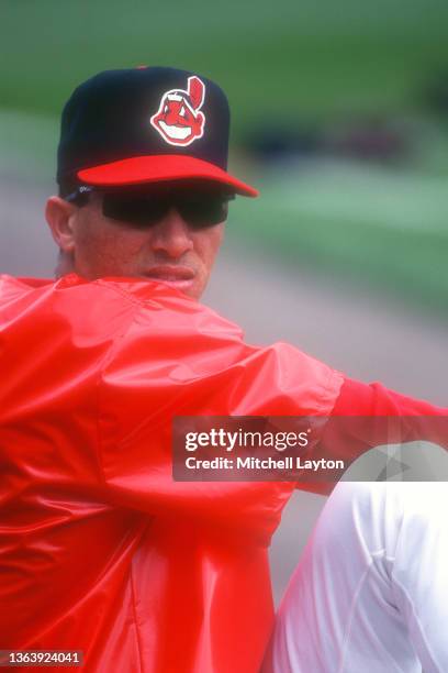 Julian Tavarez of the Cleveland Indians warms up during batting practice of a baseball game against the Seattle Mariners on June 20, 1995 at Jacobs...