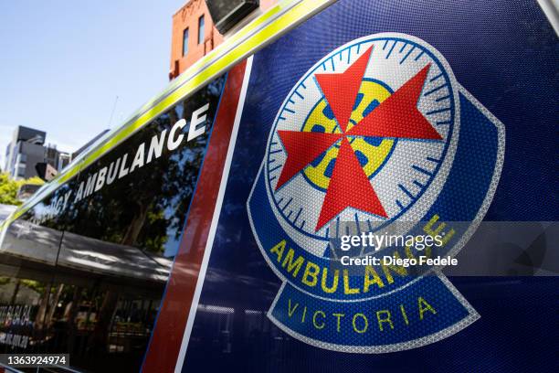 Signage is seen on a Victoria Ambulance on January 11, 2022 in Melbourne, Australia. Demand for ambulance services in Victoria and NSW remains high...