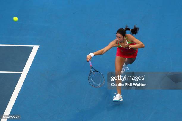 Christina McHale of the USA plays a backhand during her match against Svetlana Kuznetsova of Russia during day three of the 2012 ASB Classic at the...