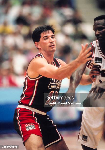 John Stockton of the United States Men's Olympic basketball team, known as The Dream Team, plays in a quarterfinal game against Puerto Rico on August...
