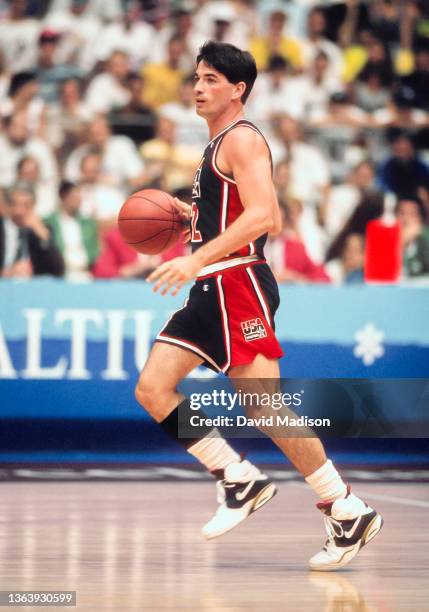 John Stockton of the United States Men's Olympic basketball team, known as The Dream Team, plays in a quarterfinal game against Puerto Rico on August...