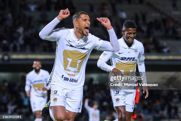 Higor Meritao of Pumas celebrates the fifth scored goal of Pumas with Washington Corozo of Pumas during the 1st round match between Pumas UNAM and...