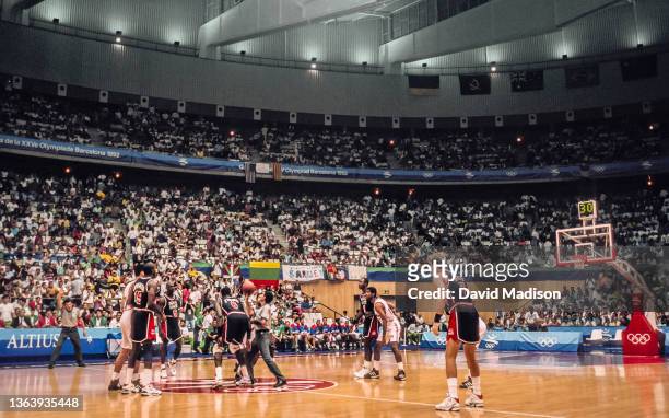 Patrick Ewing of the United States Men's Olympic basketball team, known as The Dream Team, prepares for the center jump ball to start a quarterfinal...