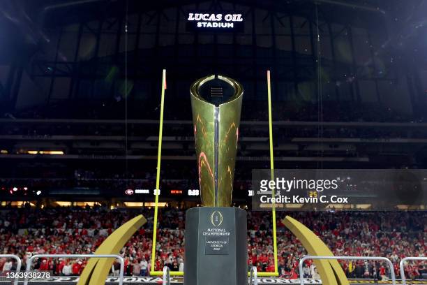 The National Championship trophy is displayed after the Georgia Bulldogs defeated the Alabama Crimson Tide 33-18 in the 2022 CFP National...
