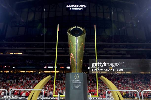 The National Championship trophy is displayed after the Georgia Bulldogs defeated the Alabama Crimson Tide 33-18 in the 2022 CFP National...