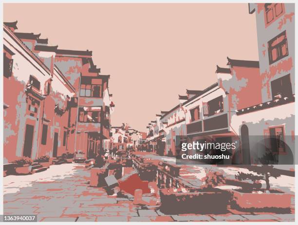 color traditional style illustration town landscape - fine arts center stock illustrations
