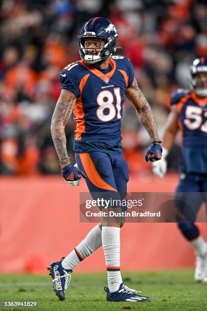 Tim Patrick of the Denver Broncos celebrates a first down during the fourth quarter against the Kansas City Chiefs at Empower Field At Mile High on...