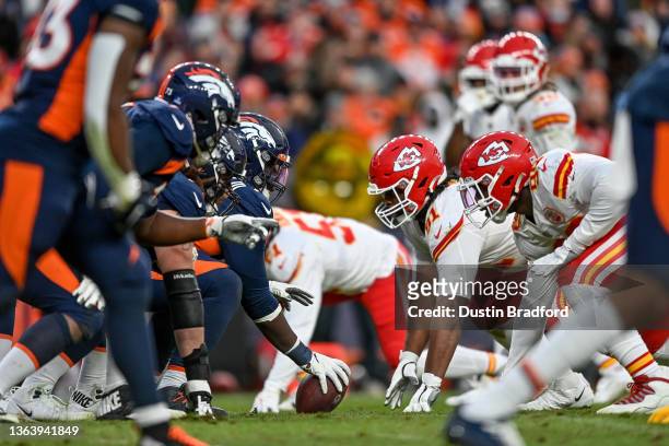 The Denver Broncos line up on offense against the Kansas City Chiefs at Empower Field at Mile High on January 8, 2022 in Denver, Colorado.