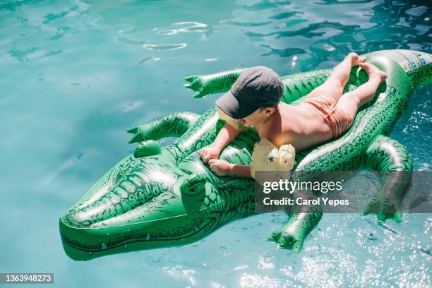 little boy having fun in a inflatable ring with cocrodrile shape - inflatable swimming pool stock pictures, royalty-free photos & images