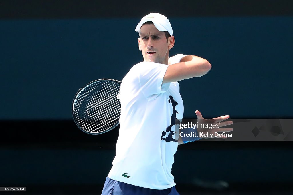 Novak Djokovic Practices On Court Ahead of 2022 Australian Open