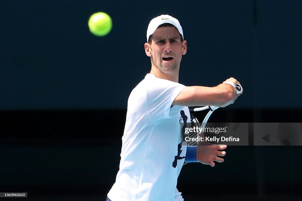 Novak Djokovic Practices On Court Ahead of 2022 Australian Open