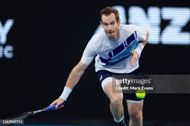 Andy Murray of Great Britain plays a shot in his match against Viktor Durasovic of Norway during day three of the Sydney Tennis Classic at Sydney...