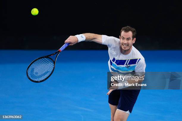 Andy Murray of Great Britain plays a shot in his match against Viktor Durasovic of Norway during day three of the Sydney Tennis Classic at Sydney...
