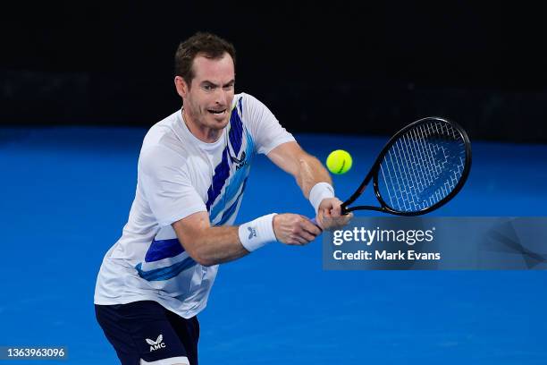 Andy Murray of Great Britain plays a shot in his match against Viktor Durasovic of Norway during day three of the Sydney Tennis Classic at Sydney...