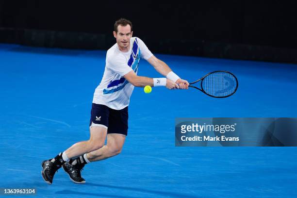 Andy Murray of Great Britain plays a shot in his match against Viktor Durasovic of Norway during day three of the Sydney Tennis Classic at Sydney...
