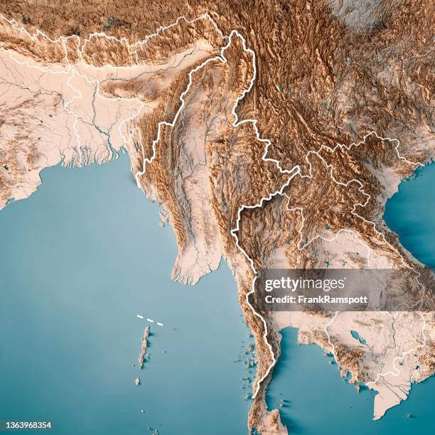myanmar 3d render topographic map neutral border - andaman sea stock pictures, royalty-free photos & images