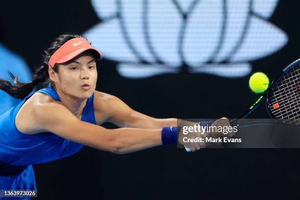 Emma Raducanu of Great Britain plays a shot in her match against Elena Rybakina of Kazakhstan during day three of the Sydney Tennis Classic at Sydney...