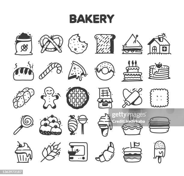 bakery related hand drawn vector doodle icon set - chocolate cake stock illustrations