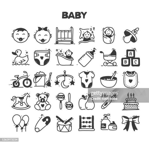 stockillustraties, clipart, cartoons en iconen met baby related hand drawn vector doodle icon set - kinderkoets