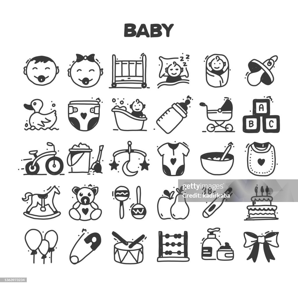 Baby Related Hand Drawn Vector Doodle Icon Set