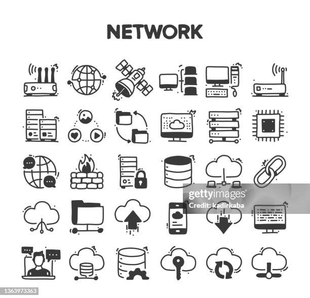 network related hand drawn vector doodle icon set - server cables stock illustrations