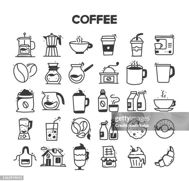 coffee related hand drawn vector doodle icon set - cafetiere stock illustrations