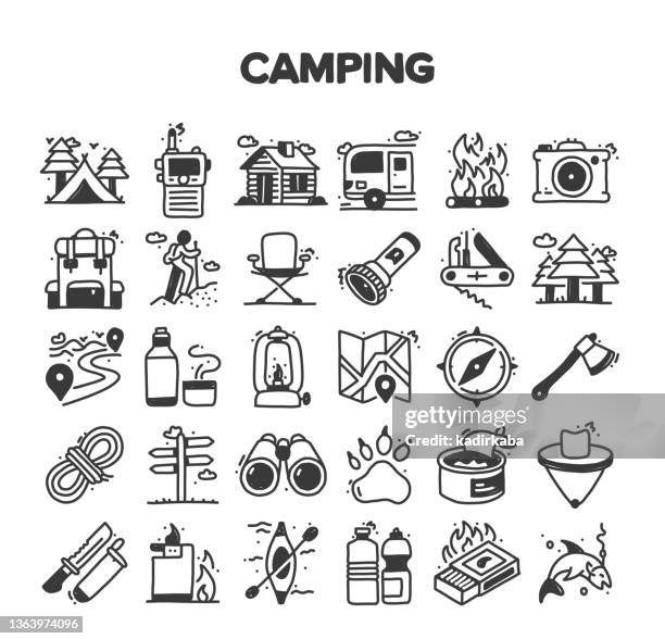 camping related hand drawn vector doodle icon set - 背包客 幅插畫檔、美工圖案、卡通及圖標