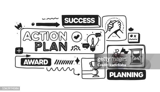 action plan object and elements. vector doodle illustration collection. hand drawn icon set or banner template - stage acting stock illustrations