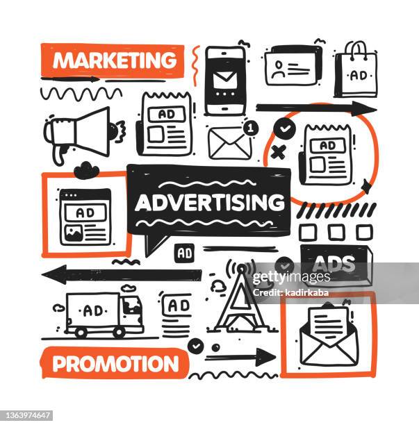 advertising object and elements. vector doodle illustration collection. hand drawn icon set or banner template - bus shelter blank stock illustrations