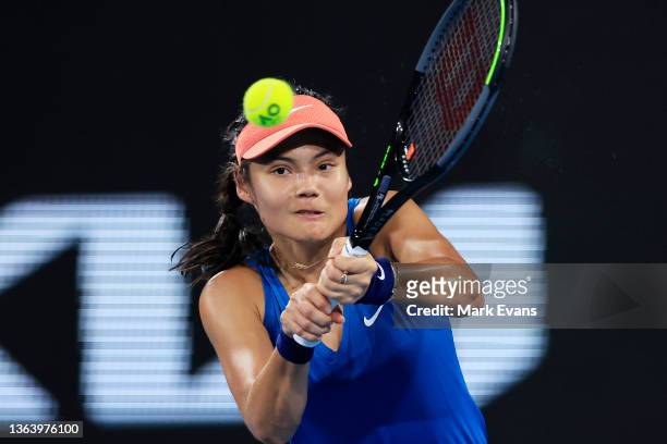 Emma Raducanu of Great Britain plays a shot in her match against Elena Rybakina of Kazakhstan during day three of the Sydney Tennis Classic at Sydney...