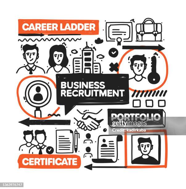 business recruitment object and elements. vector doodle illustration collection. hand drawn icon set or banner template - cv stock illustrations