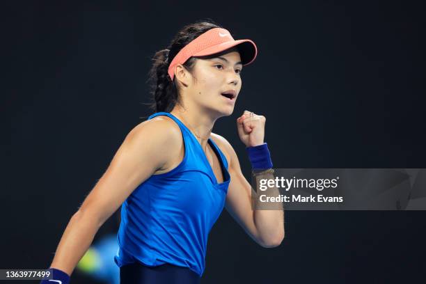 Emma Raducanu of Great Britain reacts in her match against Elena Rybakina of Kazakhstan during day three of the Sydney Tennis Classic at Sydney...