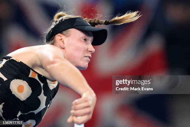 Elena Rybakina of Kazakhstan plays a shot in her match against Emma Raducanu of Great Britain during day three of the Sydney Tennis Classic at Sydney...