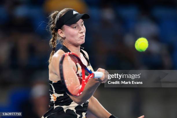 Elena Rybakina of Kazakhstan plays a shot in her match against Emma Raducanu of Great Britain during day three of the Sydney Tennis Classic at Sydney...