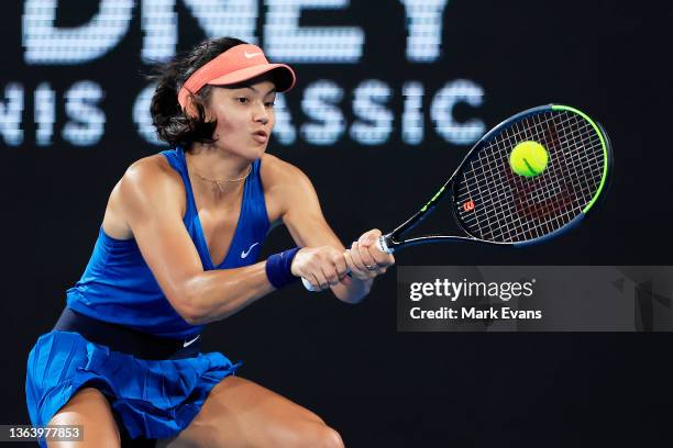 Emma Raducanu of Great Britain plays a shot in her match against Elena Rybakina of Kazakhstan during day three of the Sydney Tennis Classic at Sydney...