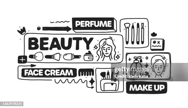 beauty object and elements. vector doodle illustration collection. hand drawn icon set or banner template - powder puff stock illustrations