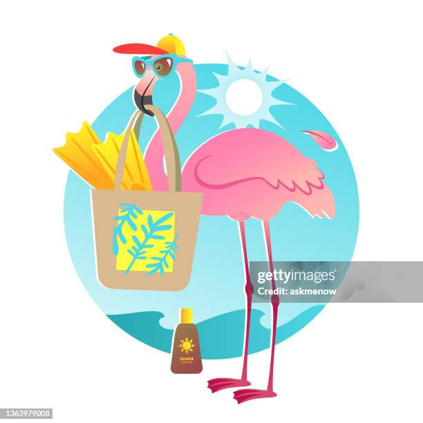 stockillustraties, clipart, cartoons en iconen met funny flamingo character in sunglasses - summer comedies party