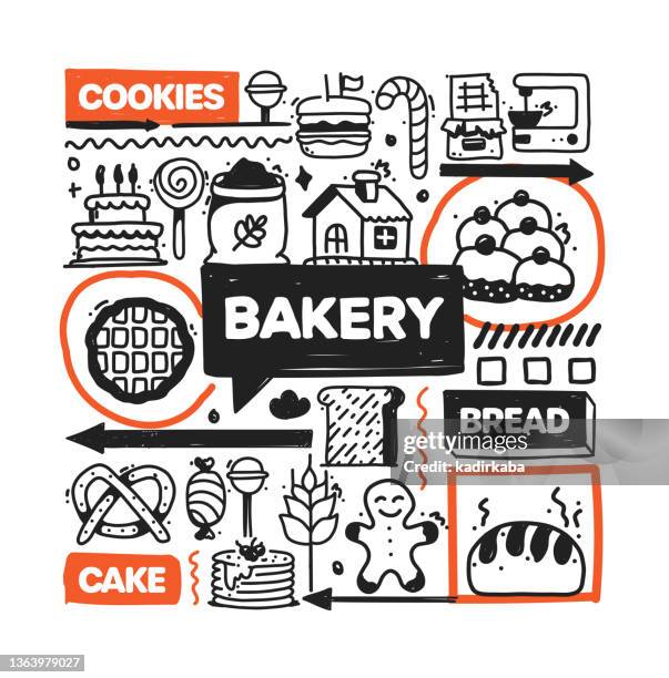 bakery object and elements. vector doodle illustration collection. hand drawn icon set or banner template - macaroni stock illustrations