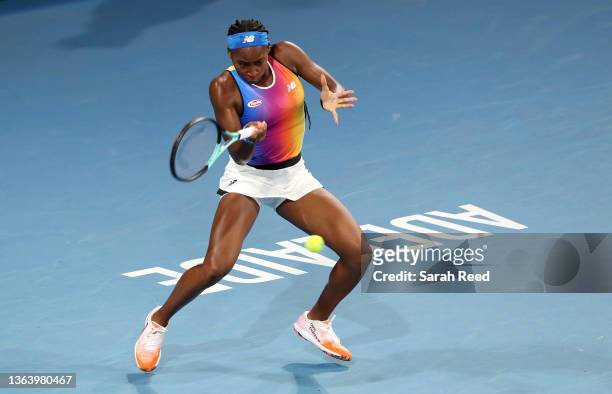Cori Gauff of the USA in action against Katerina Sinakova of Czechoslovakia during day three of the 2022 Adelaide International at Memorial Drive on...