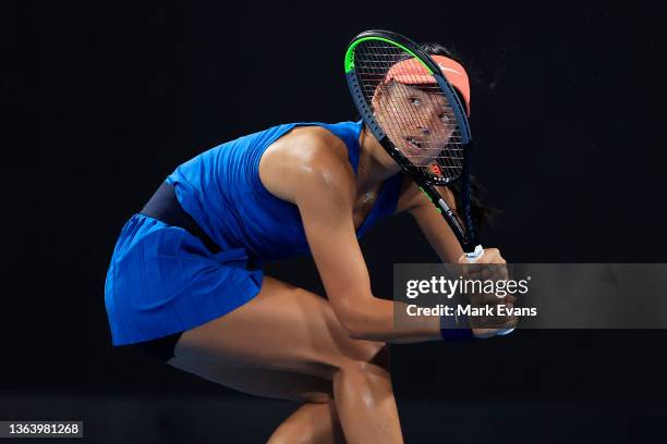 Emma Raducanu of Great Britain plays a shot in her match against Elena Rybakina of Kazakhstan during day three of the Sydney Tennis Classic at Sydney...